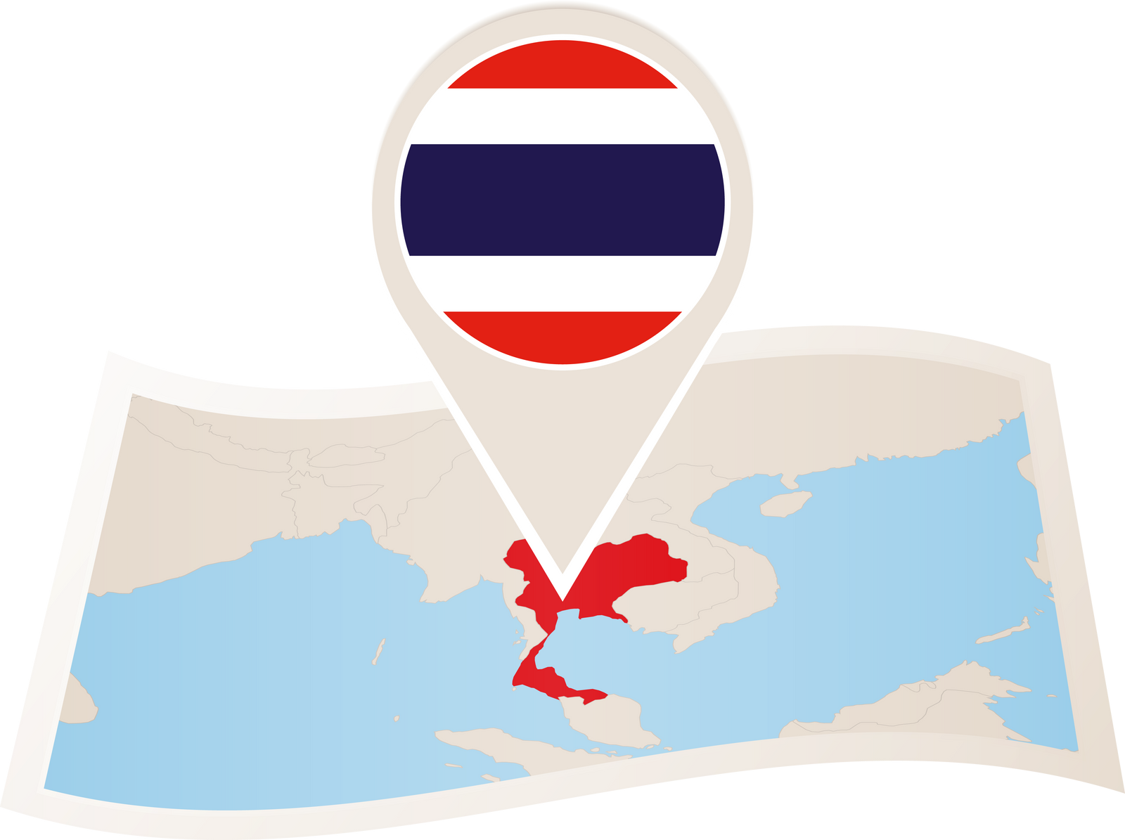 Folded paper map of Thailand with flag pin of Thailand.